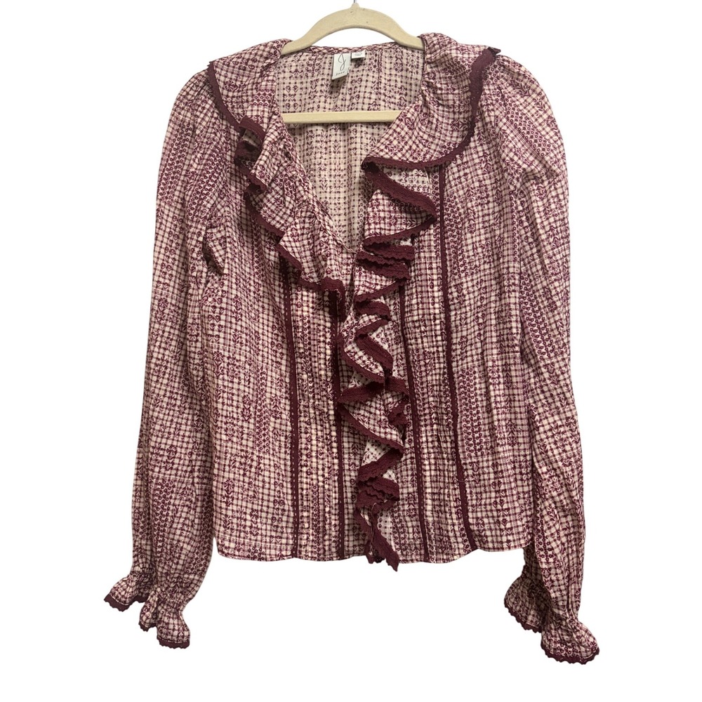 Joie Floral Plaid Ruffle Trim Prairie Blouse Burgundy Red Long Sleeve Top Medium